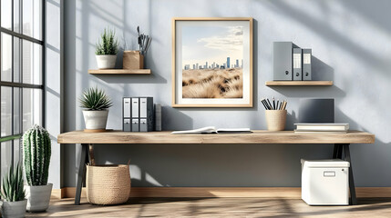 Home Office Decor with Plants, Wooden Desk, and Cityscape
