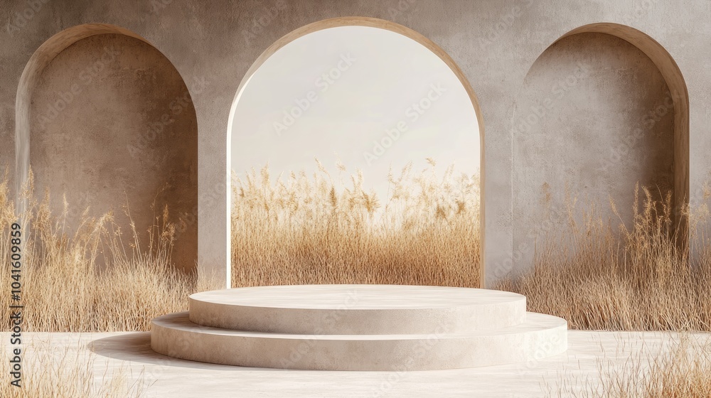Poster 3d podium background featuring a natural dry grass setting a minimalistic pedestal in soft beige ton