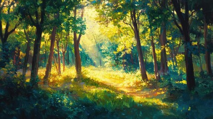 Obraz premium Oil painting depicting a vibrant forest filled with lush green deciduous trees illuminated by warm sunlight filtering through the leaves