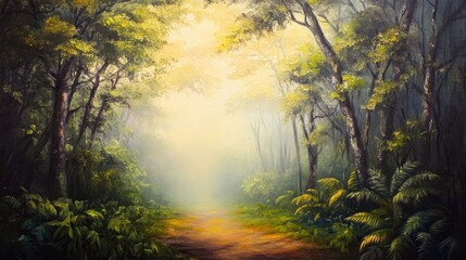 Obraz premium Oil painting depicting a serene misty morning enveloping a lush forest