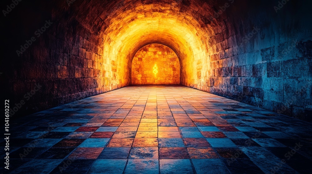 Poster stone archway tunnel with glowing light abstract architecture background