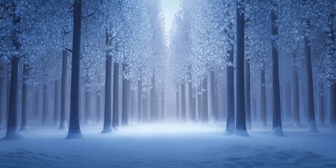 Naklejka premium Tall trees are showcased amidst a snowy forest, with pristine white snow covering the ground, Snowy forest with tall trees and white snow ground