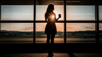 Woman standing in front of a large office window, holding a coffee cup, contemplating business strategies while confidently dressed.