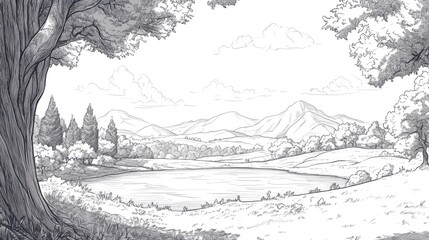 Line art illustration featuring a scenic view from a historical perspective