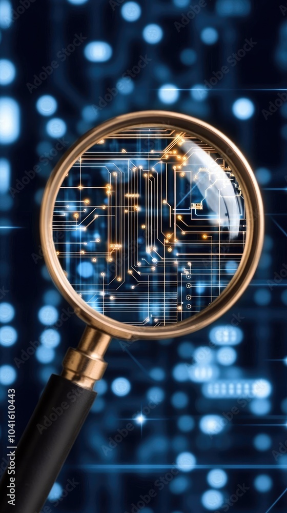 Poster a magnifying glass hovers over a blue circuit board, representing the intricate details of data anal