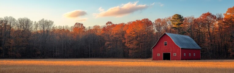 Red Barn in Serene Autumn Landscape