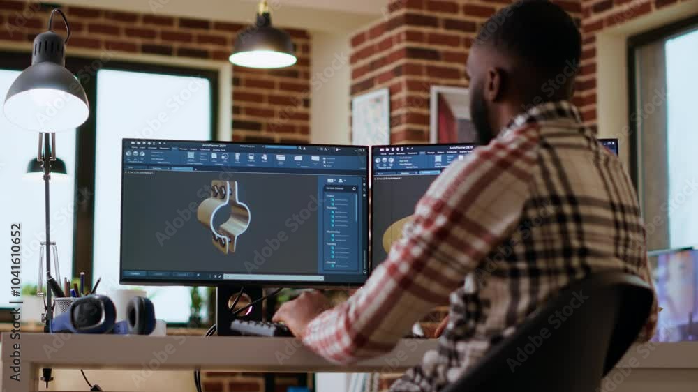 Poster african american industrial designer works on prototypes in a creative studio. doing tech driven rem