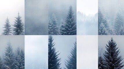 Wintery Forest Collage: A Tapestry of Fog and Evergreens