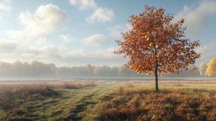 Autumn Tree in Serene Landscape at Sunrise