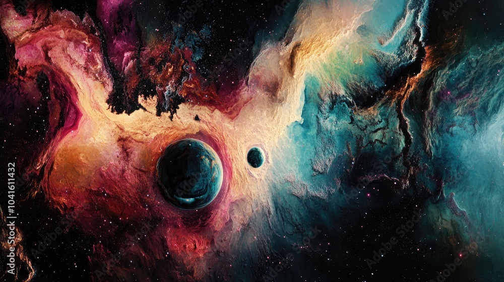 Poster planetary view with vibrant colors and textures showcasing celestial features and cosmic elements