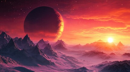 3D cartoon visualization of sunrise on a planet