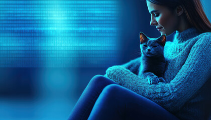 Naklejka premium A person sitting with their pet, A woman cuddles her cat at night, creating a serene atmosphere filled with love and warmth. Perfect for pet enthusiasts.