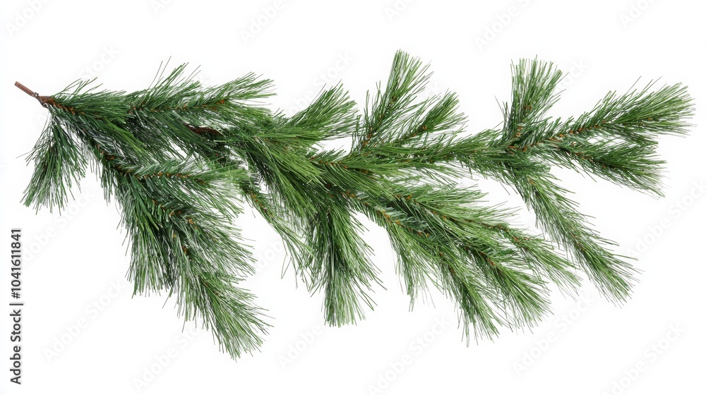 Poster single pine branch with long needles is laying on a white background. the needles are long and full 