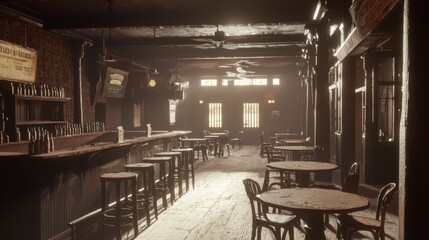Wild West Saloon Ambiance with Swinging Doors, Bar, Poker Tables, and Dusty Bottles under Cinematic Light, Old Western Interior Scene