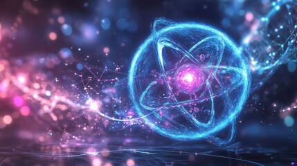 Obraz premium Glowing blue and purple energy sphere filled with bright particles featuring an atom with electrons and a magical electric field in a futuristic abstract backdrop