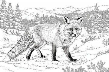 Coloring book illustration of a Red fox with a bushy tail exploring a snowy landscape in winter