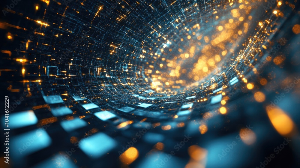 Poster glittering whirl of abstract blue squares creating shimmering sparks against a dark backdrop fantasy