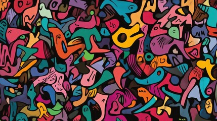 Line art illustration of an abstract painting featuring a chaotic arrangement of vibrant multicolored shapes and figures delineated by black lines