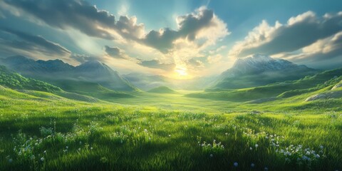 Naklejka premium Vast Scenic Landscape with Open Skies, Expansive Natural Landscape with Clear Skies