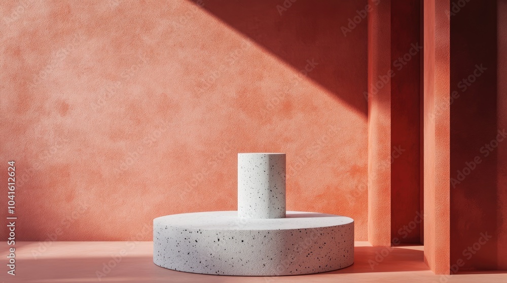 Poster abstract background featuring geometric shapes including a minimal cylinder and cube podium an empty