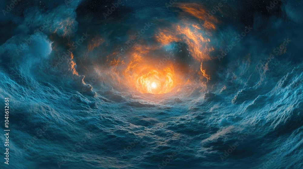 Poster 360 degree interstellar cloud of dust and gas in 3d cartoon rendering background featuring glowing n