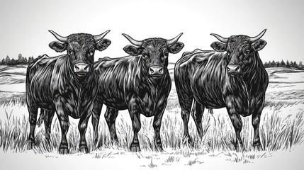 Black Angus cattle illustrated in a traditional hand drawn engraving style