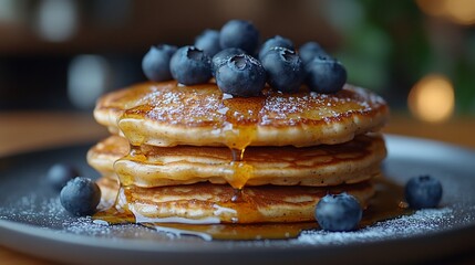 Stack of golden pancakes with blueberries and maple syrup drizzled on a gray plate.