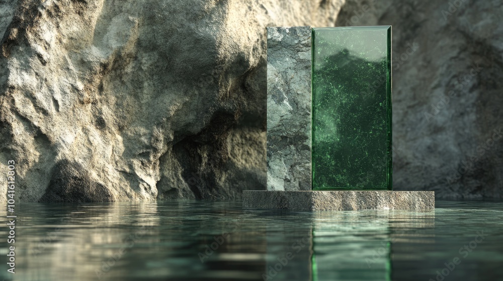 Poster 3d rendering of a rock wall in water serving as an abstract backdrop for product showcasing featurin