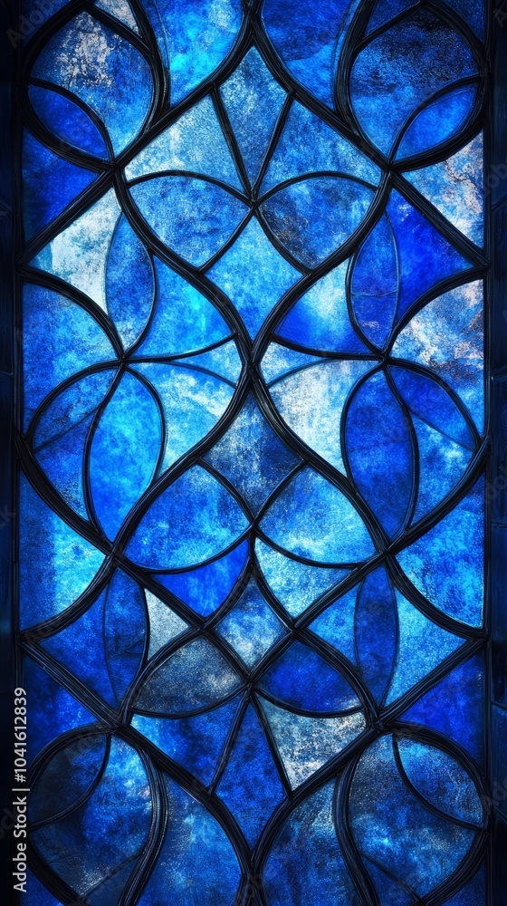 Poster blue stained glass window with an abstract pattern is creating a beautiful play of light and shadow.