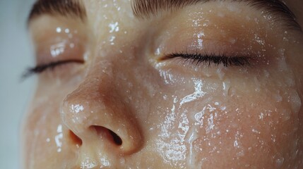 Fototapeta premium Exfoliator on skin, minimal bathroom shelves, scrub texture close-up, polished skin, soft and radiant.