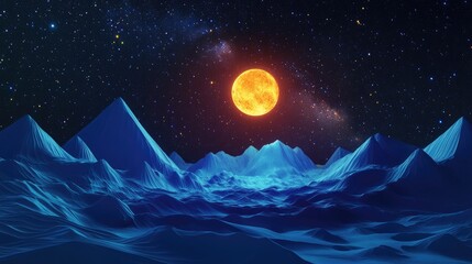 Fototapeta premium 3D cartoon depiction of a nighttime scene featuring a starry sky with the Milky Way above mountains illuminated by the rising moon