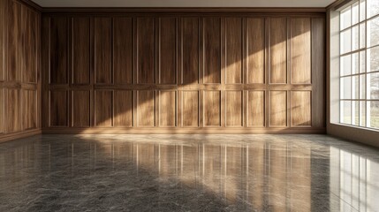 3D rendering of a mock up interior concept featuring an empty room with wooden decorative walls and a granite floor