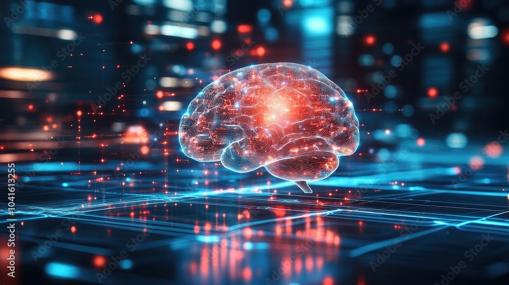 Poster digital brain hologram hud showcasing artificial intelligence machine learning and business technolo