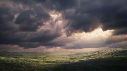 Obraz premium Wild West Storm: Dramatic Thunderstorm Brewing Over Prairie with Cinematic Light