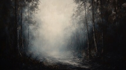 Estores personalizados con tu foto Oil painting depicting a misty forest panorama with an eerie fairy tale like atmosphere showcasing spooky woods shrouded in fog on a cold morning