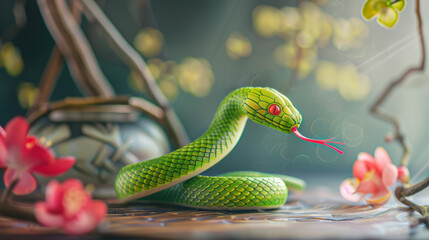 a cute green snake made by wood, fesive lunar new year banner 