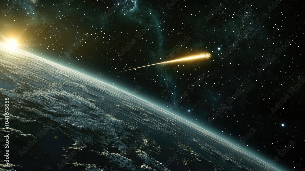 Aufkleber long tail of a comet glows in space in this 3d cartoon rendering shooting star and real comet in the