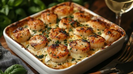 A white baking dish with a creamy, cheesy scallop dish.