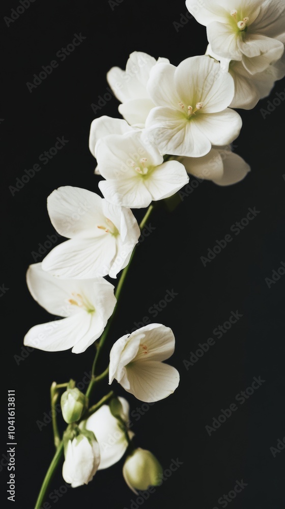 Poster Graceful white flowers bloom on black background, simple and elegant with copy space, symbolizing peace and hope for love and romance