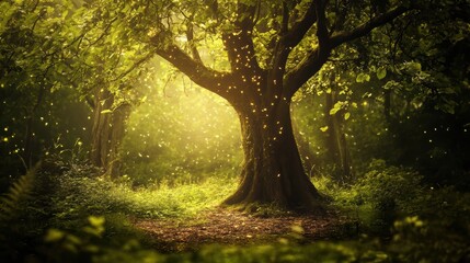 Obraz premium Illuminated Forest with Majestic Tree and Soft Light