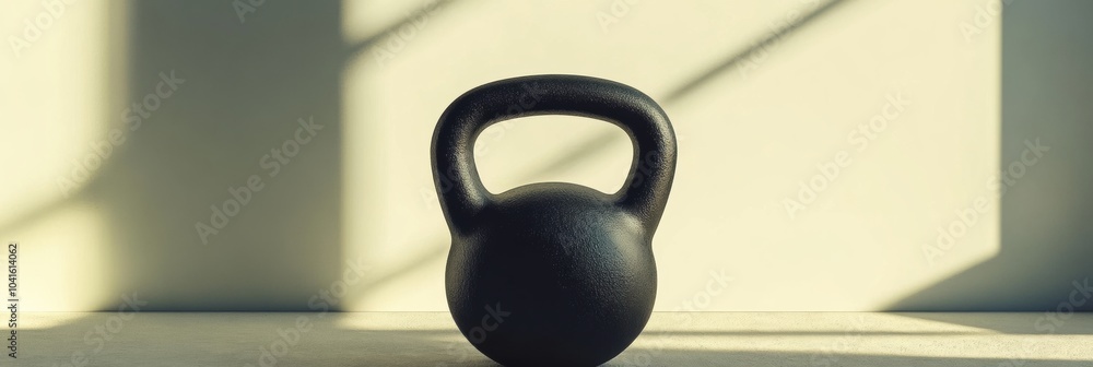 Poster a black kettlebell sits on a surface, illuminated by natural light as shadows cast a geometric patte