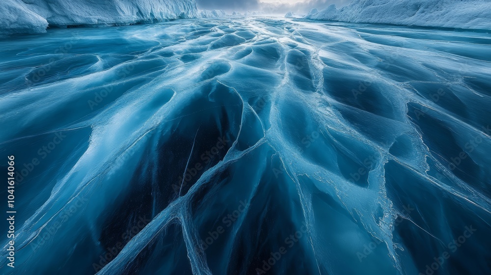 Aufkleber sunlight reflects on frozen river, flowing between icebergs, creating mesmerizing blue pattern in wi