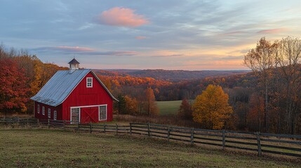 Autumn barn landscape with vibrant fall foliage scene