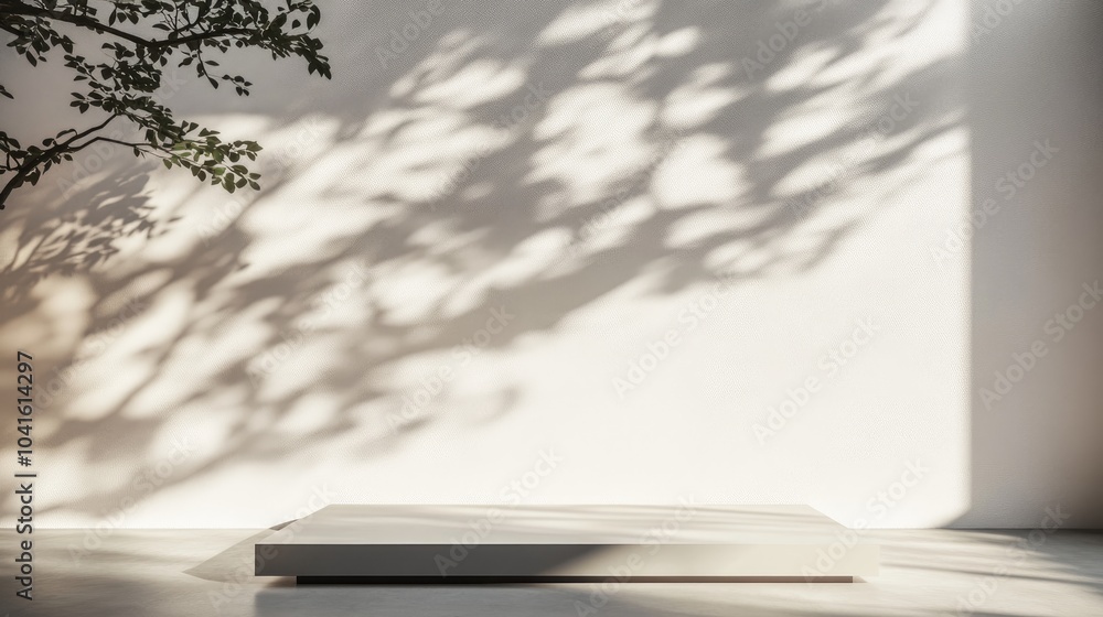 Poster display pedestal design platform unbranded item vacant space with tree shadow on the wall 3d renderi