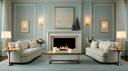 Elegant living room design featuring a cozy fireplace stylish furnishings and tasteful decor for a serene atmosphere