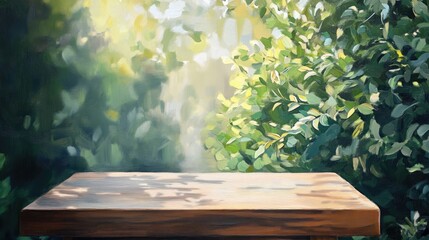 Oil painting of a wooden tabletop podium in a blurred outdoor garden setting with greenery featuring organic products on display for a spring and summer theme