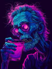  A vivid neon illustration of a zombie figure sipping a glowing drink, blending horror and psychedelic art styles.