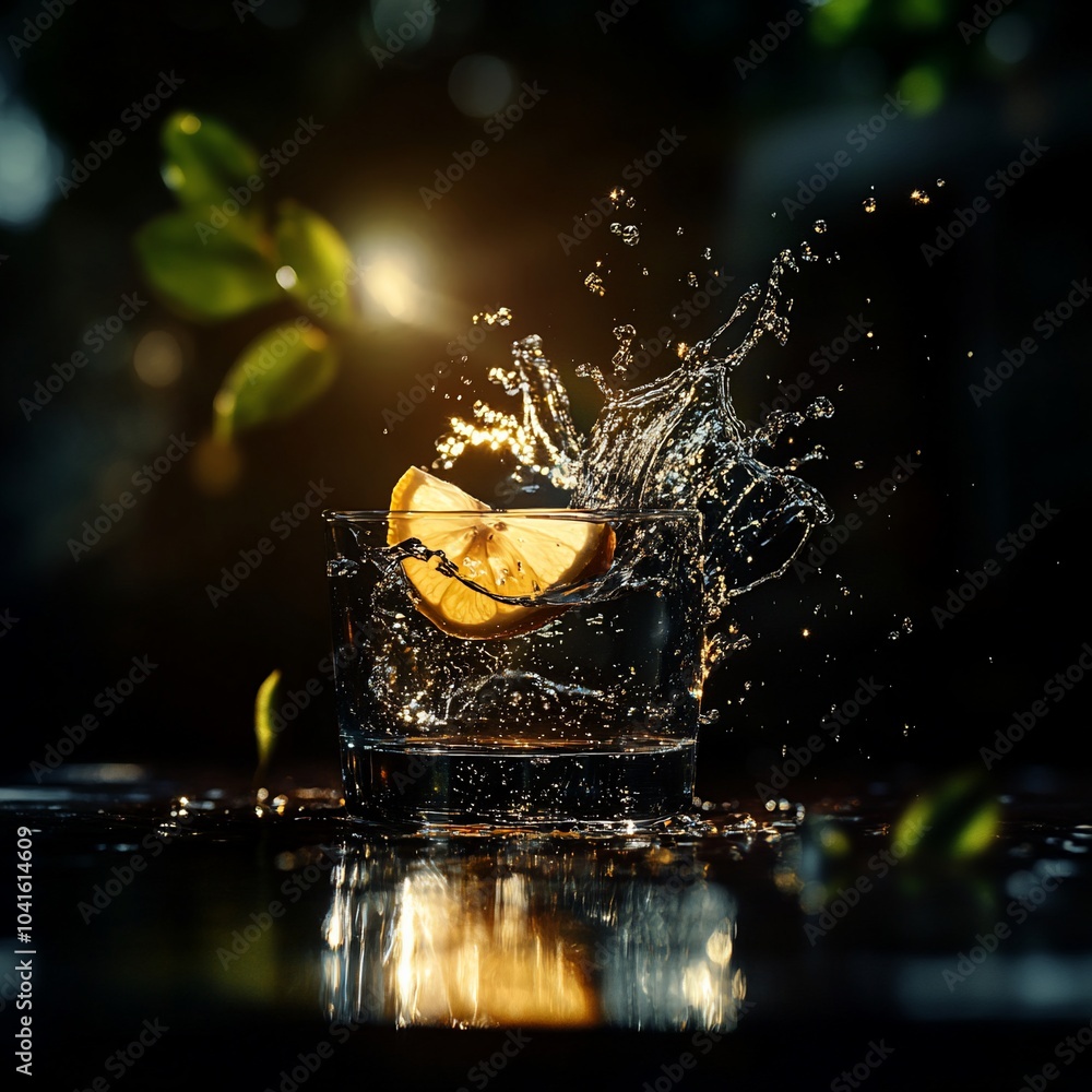 Poster a glass of water with a lemon wedge splashing in it, creating a dramatic effect.