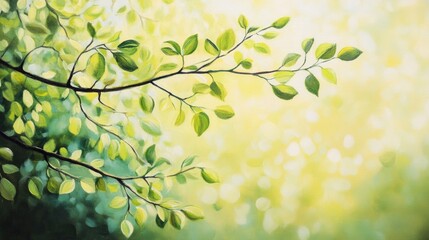 Oil painting featuring a spring scene with green tree leaves against a softly blurred backdrop