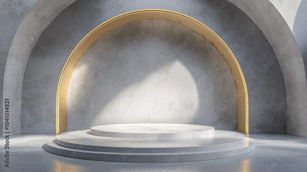 Poster round podium featuring geometric shapes and gold accents abstract empty pedestal display platform 3d